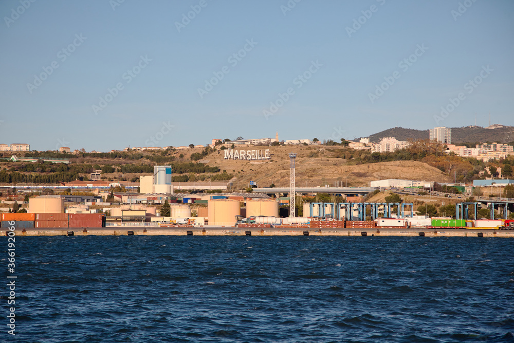 commercial port of marseille. view from the sea