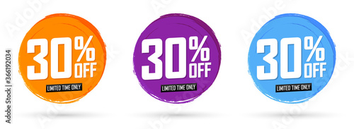 Set Sale 30% off banners, discount tags design template, grunge brush, vector illustration