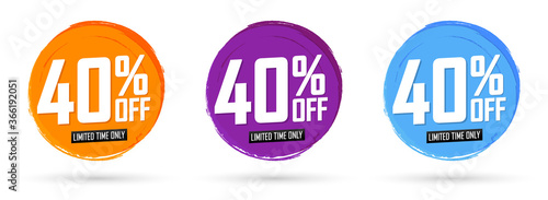 Set Sale 40% off banners, discount tags design template, grunge brush, vector illustration