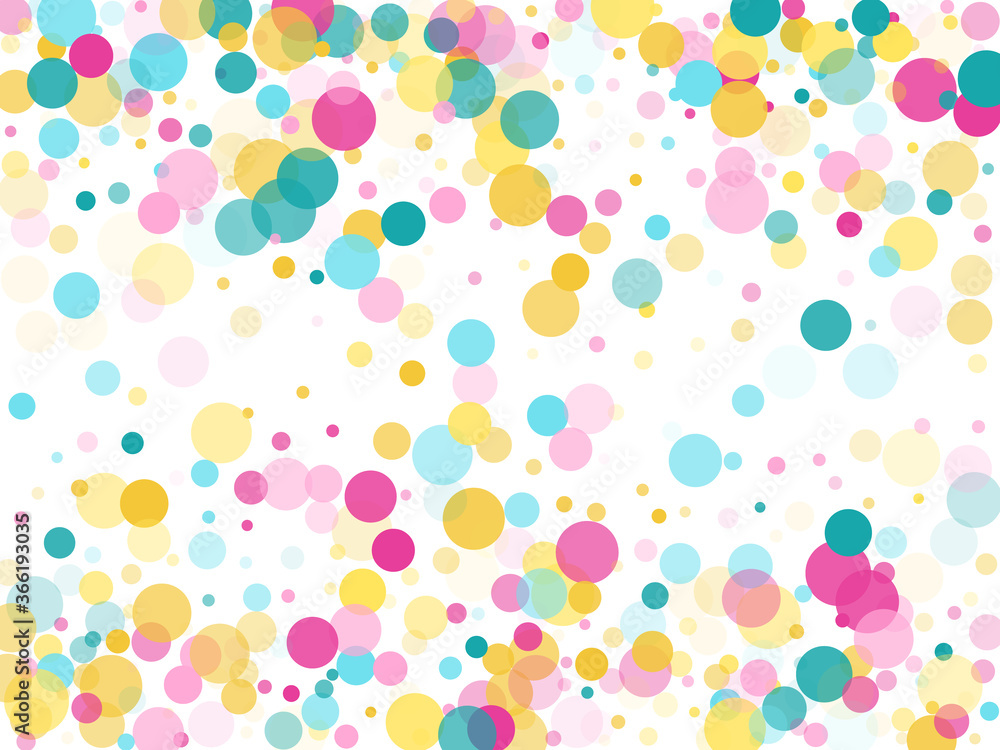 Memphis round confetti festive background in cyan blue, pink and yellow. Childish pattern vector.