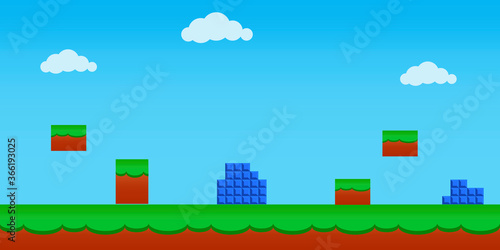 Game background. Vector image of an old arcade. Retro image of the quest. Flat illustration of game canosol background. Stock photo.
