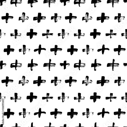 Black crosses vector seamless pattern. Hand drawn cross and plus sign. Black paint brush strokes geometrical pattern for wallpaper, web page background, textile design, graphic design. 