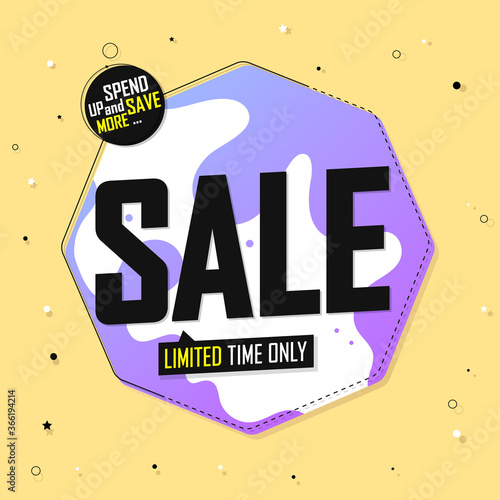 Sale banner design template, discount tag, spend up and save more, vector illustration