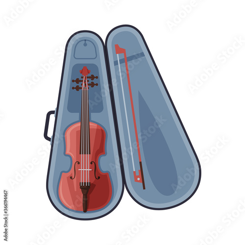 Violin and Bow in Case, Classical String Musical Instrument Flat Style Vector Illustration on White Background