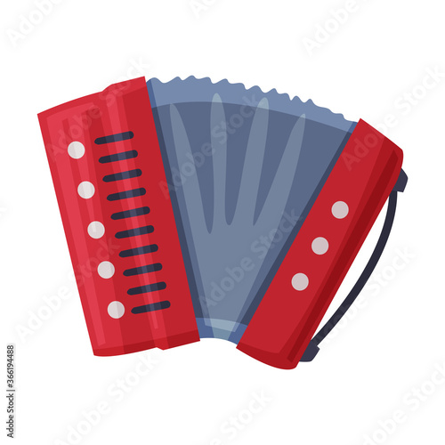 Red Accordion, Classical Bayan Musical Instrument Flat Style Vector Illustration on White Background