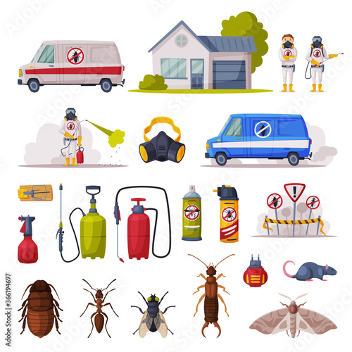 Professional Home Pest Control Set, Exterminator, Service Van, Exterminating and Protecting Equipment, Harmful Insects Vector Illustration