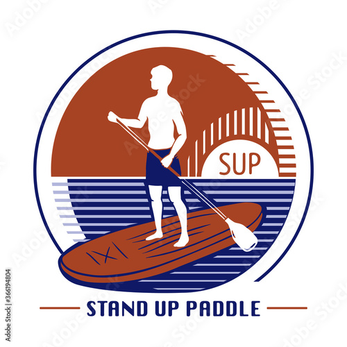 A man stands up on a paddle board in the sea at sunset or sunrise. Vector illustration, isolated silhouette. SUP surf school, paddleboarding sign logo.