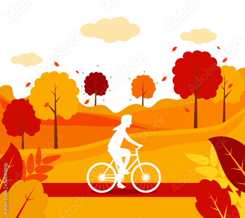 Nature Autumn, People cycling flat design