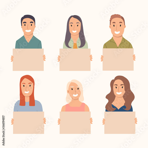 Collection yong people holding clean placards. Bundle of male and female cartoon characters demonstrating empty banners.Vector hand drawn illustation.