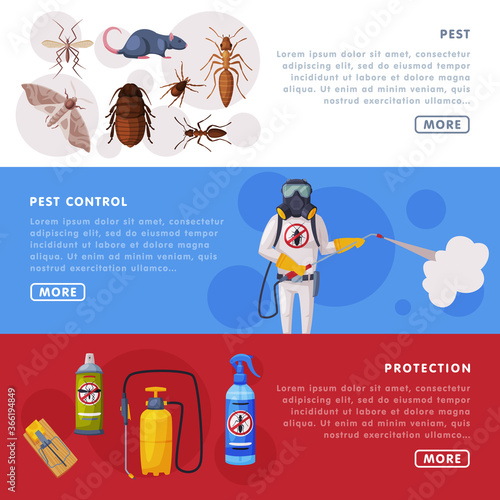 Pest Control Service Horizontal Banners Set, Detecting, Exterminating and Protecting Landing Page Templates, Website, App, Homepage Vector Illustration