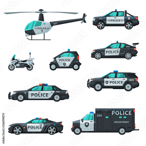 Police Vehicles Collection, Various Emergency Patrol Transport, Side View Flat Vector Illustration
