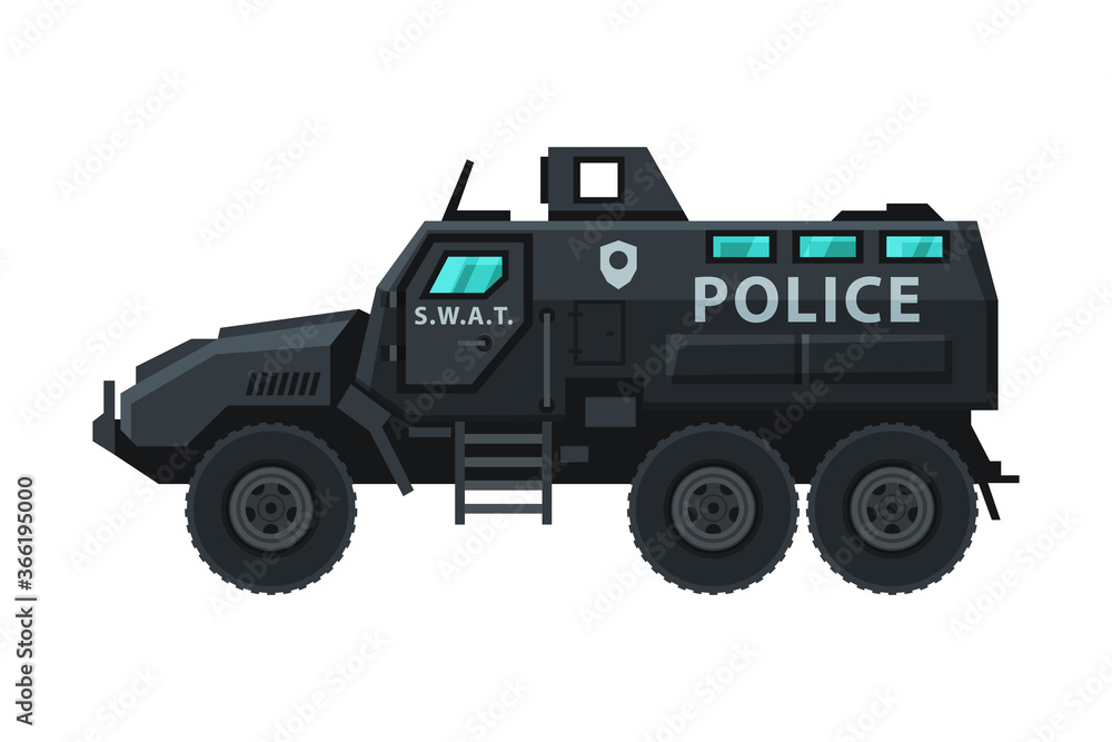 Armored Police Vehicle, Emergency Transport, SIde View Flat Vector Illustration