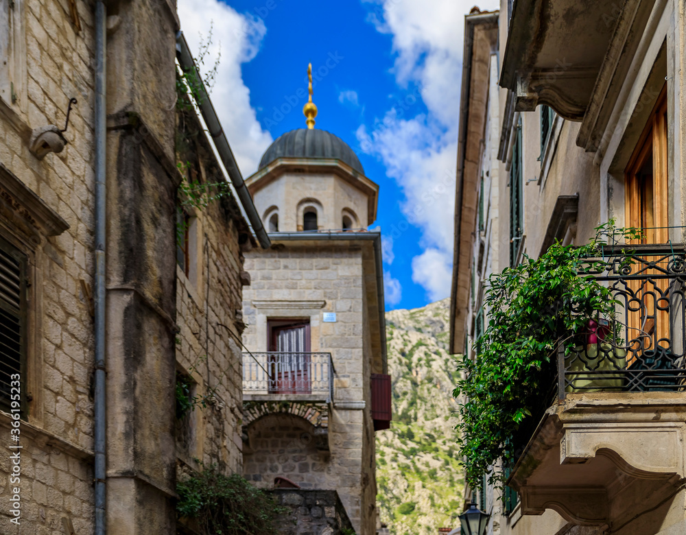 Picturesque narrow streets of the Old town in Kotor Montenegro in the Balkans on the Adriatic Sea