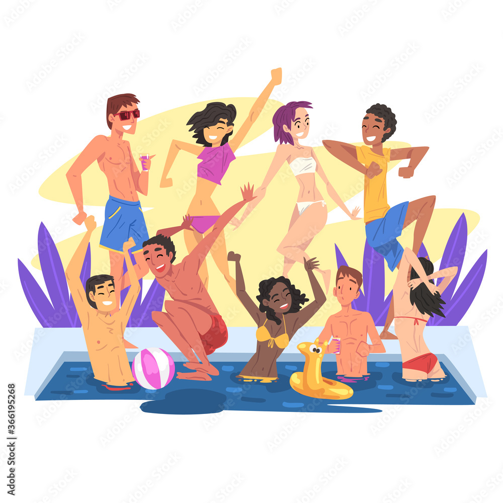Obraz premium Swimming Pool Party, Happy Young Men and Women Having Fun Outdoors, Drinking and Cocktails Cartoon Style Vector Illustration