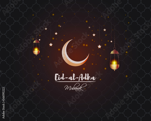 vector illustration of greeting for Eid Mubarak text means Eid Mubarak, golden shiny moon, concept for festive background 