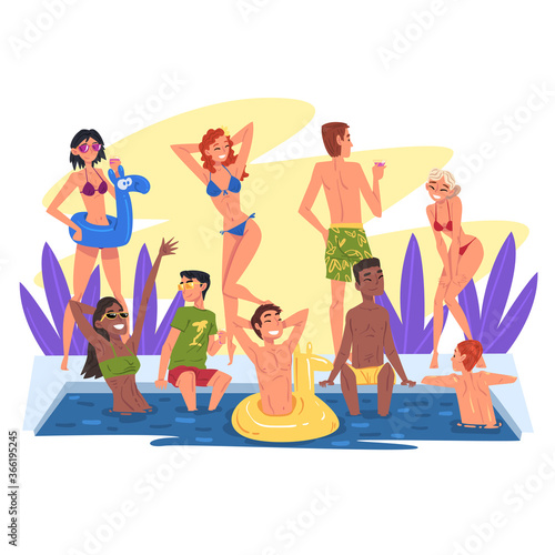 Swimming Pool Party, Happy Young Men and Women Having Fun Outdoors, People Floating on Rubber Rings, Dancing, Drinking Cocktails Cartoon Style Vector Illustration