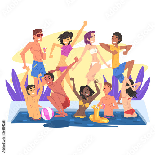 Swimming Pool Party, Happy Young Men and Women Having Fun Outdoors, Drinking and Cocktails Cartoon Style Vector Illustration