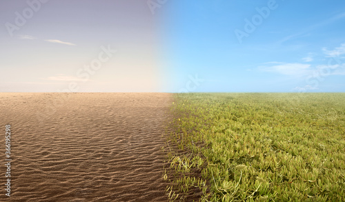 The difference from drought ground and fertile soil on the field photo