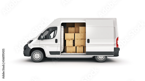commercial delivery vans with cardboard boxes. 3d rendering © lchumpitaz