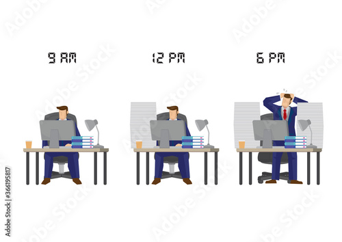 More and more work for employee as the time goes. Concept of overwork, sabotage or corporate stress. Isolated vector illustration.