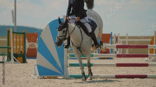 Horse jumping over obstacle on sandy parkour riding arena equestrian competition