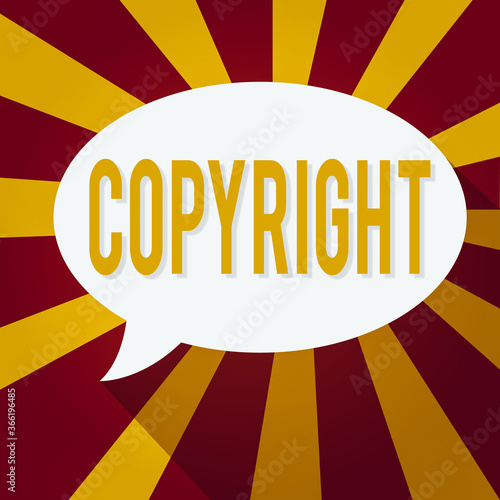 Text sign showing Copyright. Business photo showcasing exclusive legal right to print write perform film record literary Blank Oval Shape Speech Bubble in solid Color and shadow Burst background