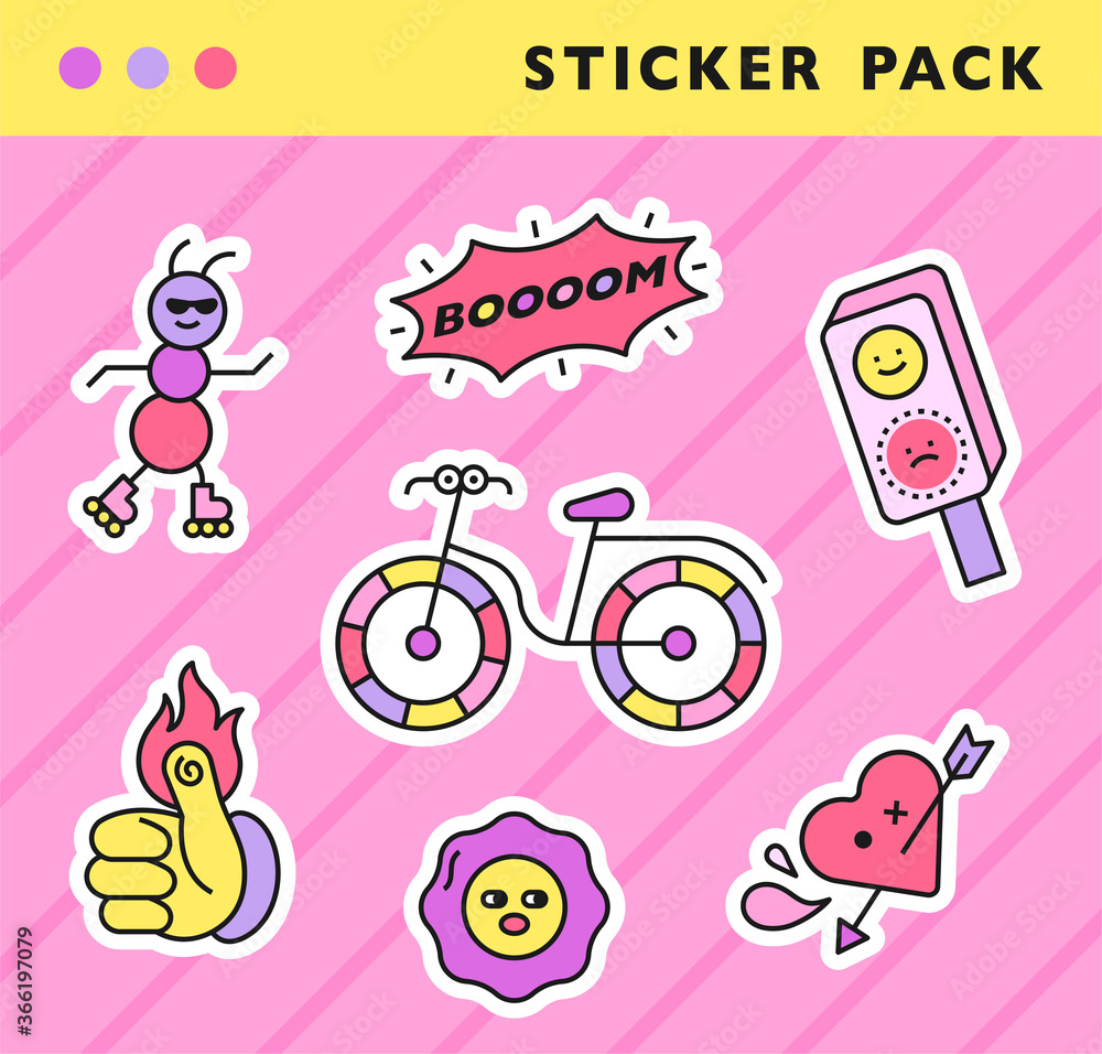 Cute bike related icons. Sticker pack concept.