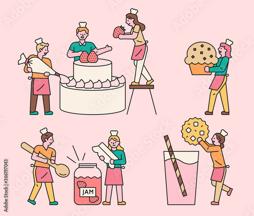 Small people working in the cake shop.