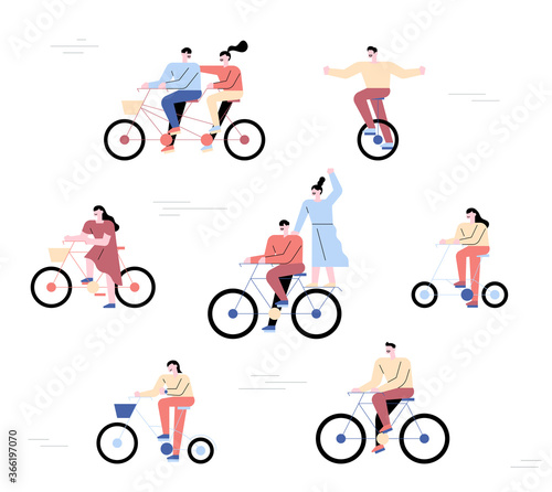 People are riding different styles of bicycles. Pattern composition.