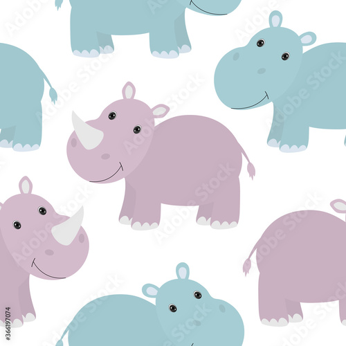 Seamless pattern cute animals rhino and hippo vector illustration