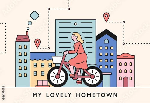 Concept illustration of a girl riding a bicycle and passing through a hometown background.