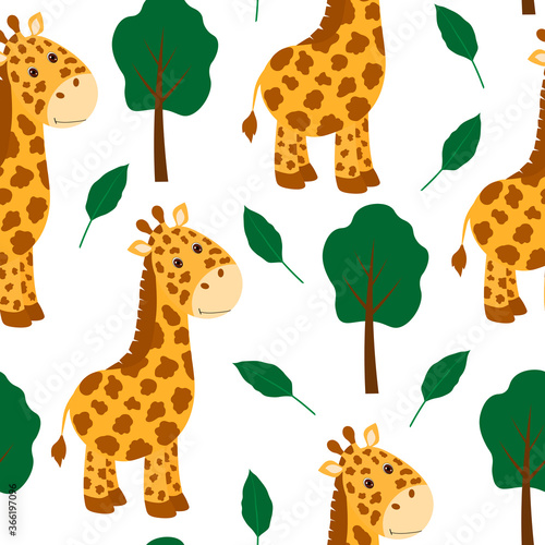 Seamless pattern cute giraffe trees leaves vector illustration