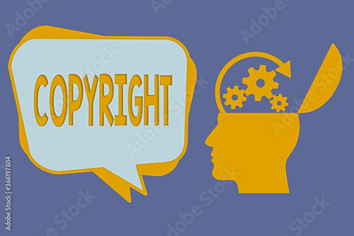 Handwriting text Copyright. Conceptual photo exclusive legal right to print write perform film record literary Hu analysis Head Silhouette Topside Open with Gears and Blank Halftone Bubble