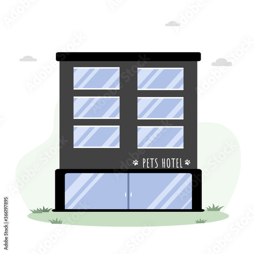 Pets hotel. Veterinary hospital services and domestic animals hotels. Dogs grooming and health check center. Vet clinic, robotic pet sitters metaphors. Vector illustrations in flat style.