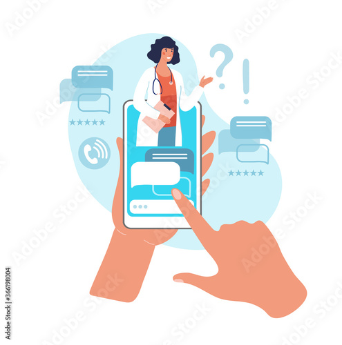 Online consultation with a doctor. Reception at the hospital for a video call, hands holding a smartphone with a woman doctor with a stethoscope on the screen. Flat vector illustration