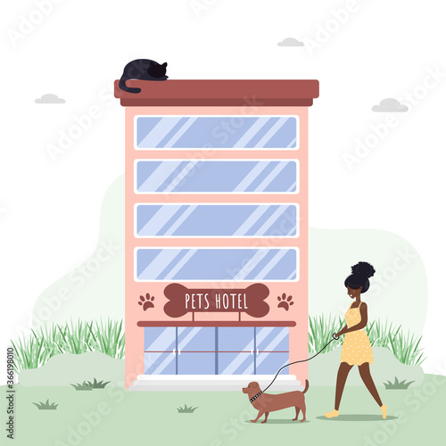 Pets hotel. Veterinary hospital services and domestic animals hotels. Dogs grooming and health check center. Vet clinic, robotic pet sitters metaphors. Vector illustrations in flat style.