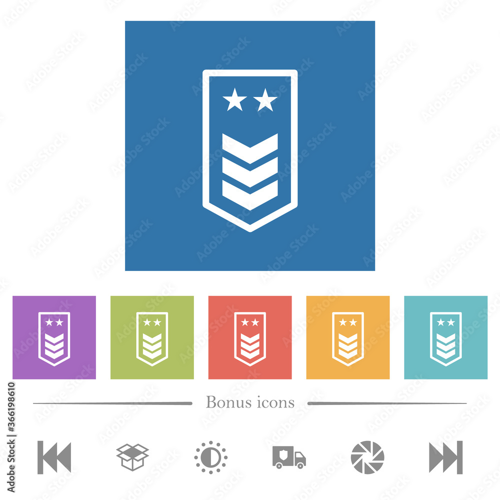 Military insignia with three chevrons and two stars flat white icons in square backgrounds Military insignia with three chevrons and two stars flat white icons in square backgrounds