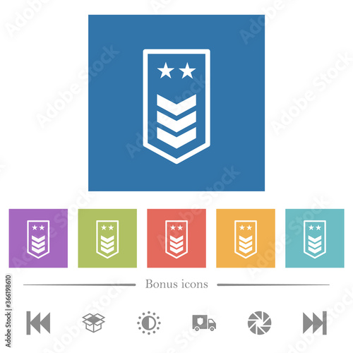 Military insignia with three chevrons and two stars flat white icons in square backgrounds photo