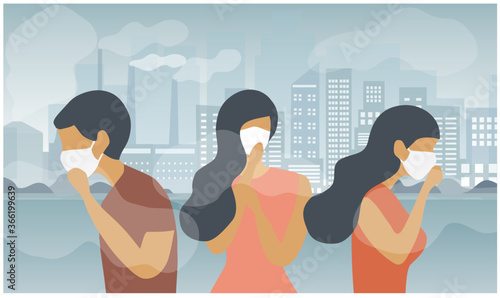 People wearing face masks tor protect smoke, dust and air pollution in city, factory pipes and industrial smog vector illustration. Air pollution concept background