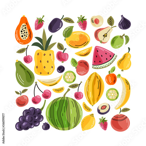 Fototapeta Naklejka Na Ścianę i Meble -  Vector fruits on the light background. A bright illustration of healthy fresh food. Isolated design elements. 