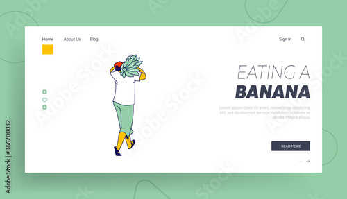 Worker Working Grow, Care and Harvesting Fruits Landing Page Template. Character Carry Ripe Banana Bunch on Plantation