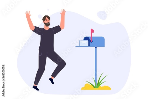 Happy Man is standing nearby mailbox and got letter. Vector illustration