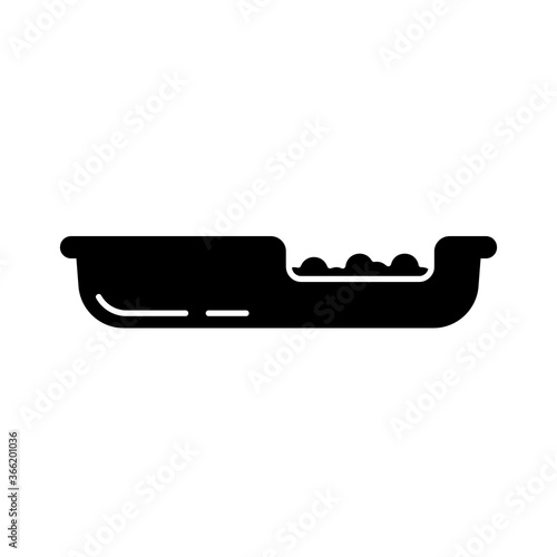 Silhouette Cat tray with side and entrance. Outline icon of yoilet filler, pet cleaning. Black illustration of animal poop in sandbox. Flat isolated vector pictogram, white background