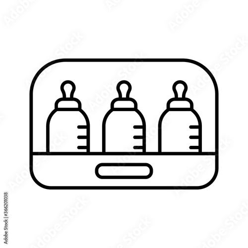 Sterilizer with three baby bottles. Linear icon of dish sterilization. Contour isolated vector illustration on white background