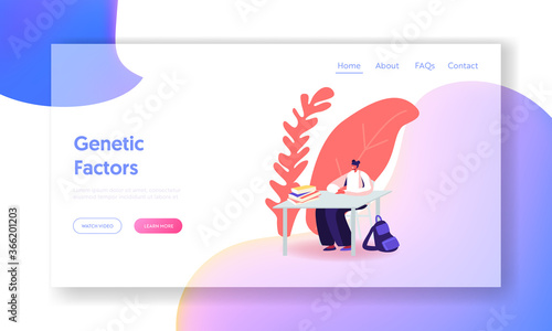 Back to School Landing Page Template. Little Schoolgirl, Female Student Sitting at Desk College or University Lesson