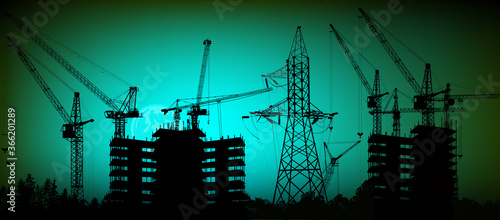 electrical pylon between houses builgings on dark cyan background