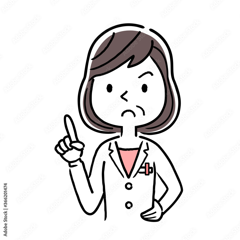 Vector material: middle-aged female doctor giving caution with a serious face