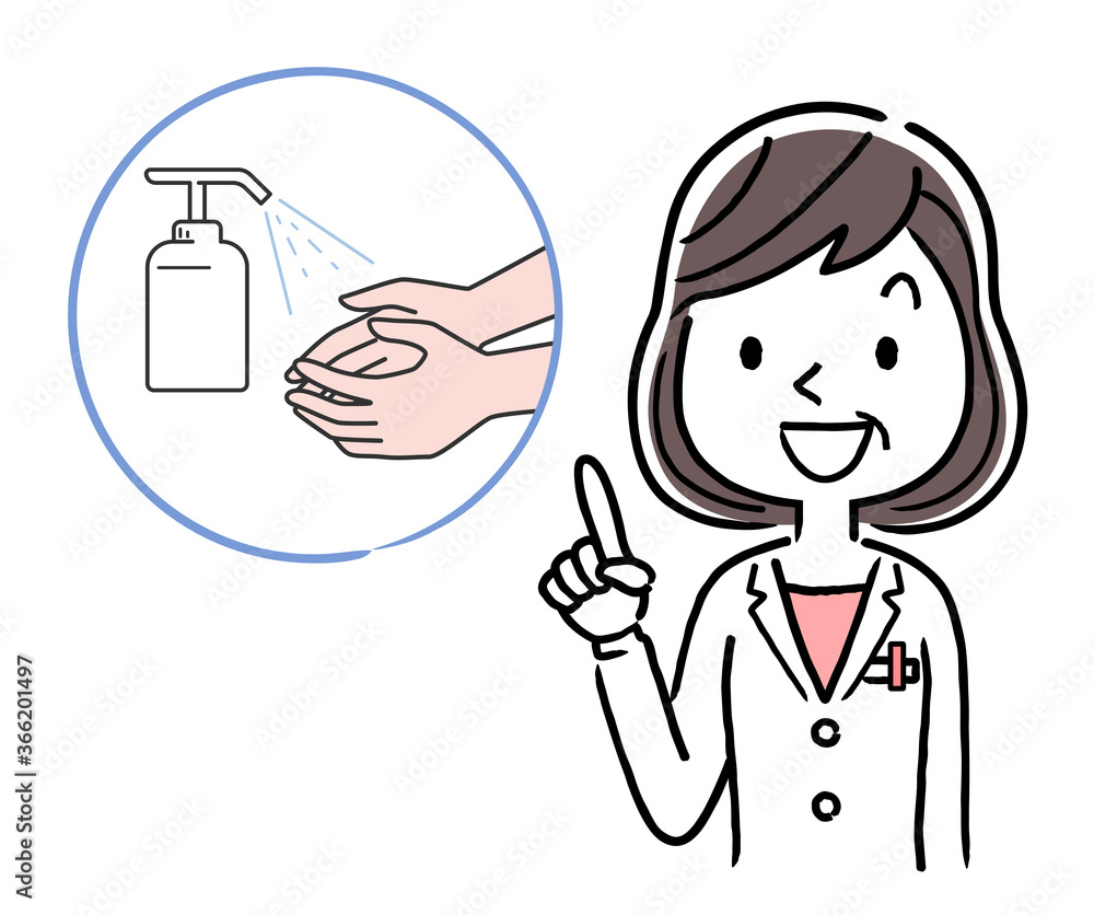Vector material: Middle-aged female doctor explaining the importance of disinfection Vector material: Middle-aged female doctor explaining the importance of disinfection