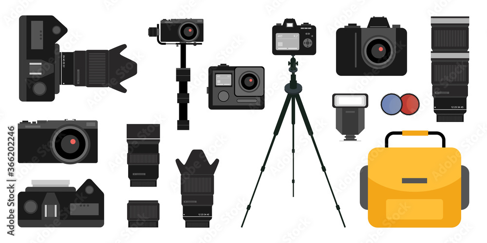 Set of Digital Single Lens Reflex camera ,action camera, flash, tripod, lens and tool box. Designed in flat elements style isolated on white background - obrazy, fototapety, plakaty 