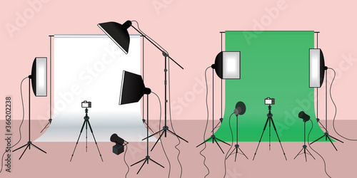 Modern photography studio designed in flat elements style with lighting, green screen ,white screen, and action cameras